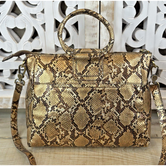 HOBO INTERNATIONAL Sheila Medium Satchel Crossbody Metallic Golden Snake Leather - Picture 2 of 11